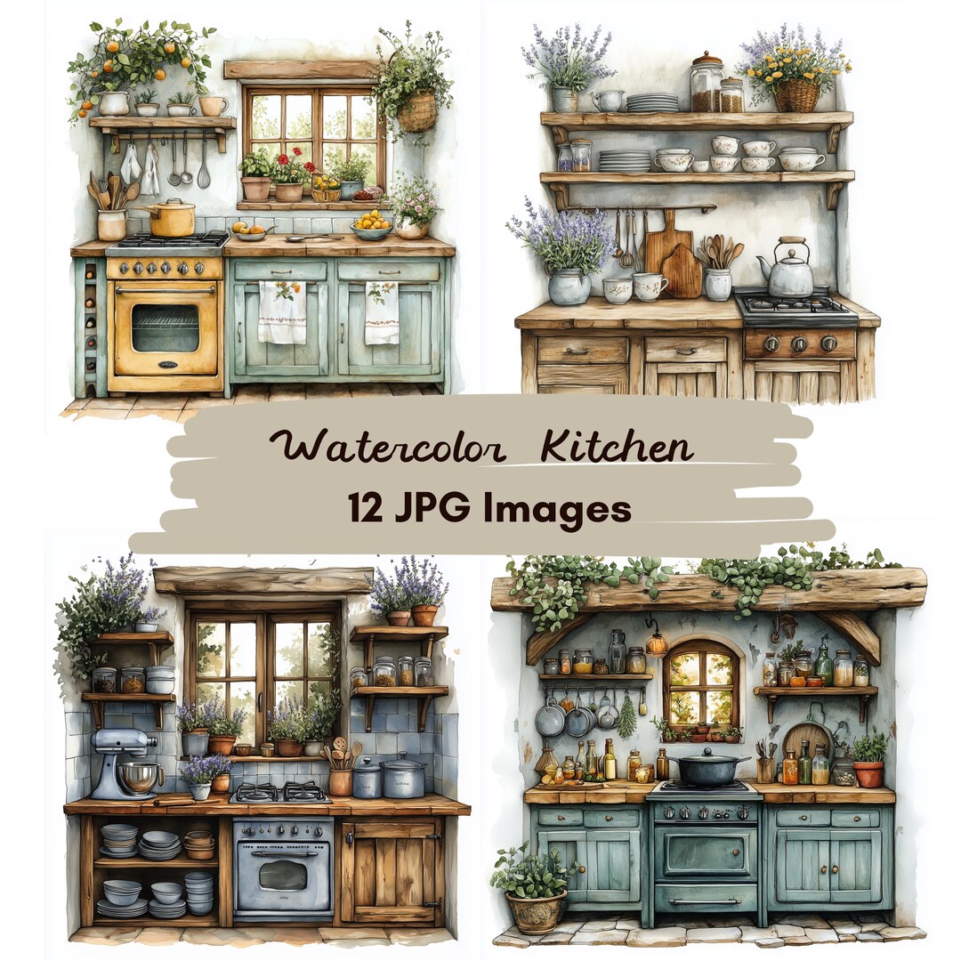 12 JPG Watercolor Provence Kitchen Clipart: Shabby Chic Illustration ...
