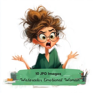 Peut inclure: Illustration numérique d'une femme aux cheveux bruns en désordre, portant des lunettes et un haut vert, exprimant le choc. Le texte "10 JPG Images Watercolor Emotional Woman" est sur une bannière verte.