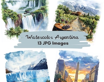 13 JPG Watercolor Argentina, Argentinian Landmarks postcards, Travel Vacation Digital Print, Digital Download, South America landscape print