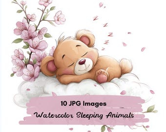 10 JPG Watercolor Sleepy Baby Animal Clipart, Cute Forest Animal on Cloud, Whimsical Woodland Animal Illustration, Dreamy Floral Nursery Art