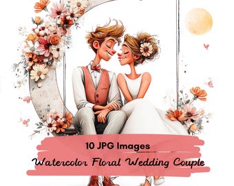 10 JPG Floral Wedding Couple Clipart Bundle, Romantic Bride and Groom, Watercolor Wedding Clipart, Love Story Illustration, Wedding Day