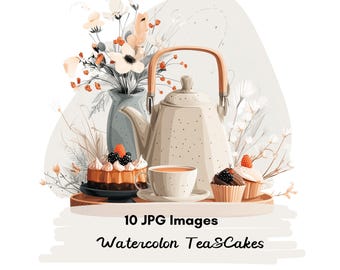 10 PNG Watercolor Tea Time Clipart, Cozy Teapot and Dessert, Neutral Kitchen Decor Illustration, Floral Tea Tray Clipart, Cottagecore Tea