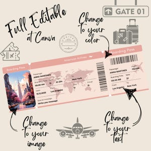 Może przedstawiać: Szablon karty pokładowej do wydrukowania w kolorze r&oacute;żowym i białym z tekstem "American Airlines" i "Boarding Pass". Szablon zawiera pola na imię i nazwisko pasażera, godzinę wejścia na pokład, bramkę, lot, datę, miejsce wylotu, miejsce docelowe, miejsce siedzące i grupę. Szablon jest w pełni edytowalny w Canva.