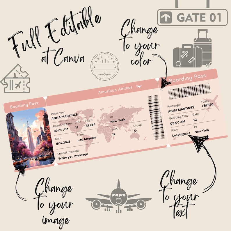 Może przedstawiać: Szablon karty pokładowej do wydrukowania w kolorze r&oacute;żowym i białym z tekstem "American Airlines" i "Boarding Pass". Szablon zawiera pola na imię i nazwisko pasażera, godzinę wejścia na pokład, bramkę, lot, datę, miejsce wylotu, miejsce docelowe, miejsce siedzące i grupę. Szablon jest w pełni edytowalny w Canva.