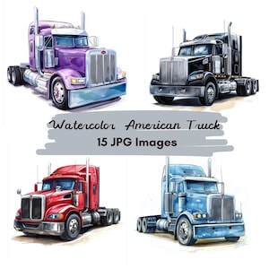 15 JPG Watercolor American Trucks Clipart, Printable Watercolor Clipart, High Quality JPGs, Digital Download, American Trucks illustration