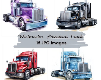 15 JPG Watercolor American Truck Clipart, Semi Truck Watercolor Illustrations, Big Rig Truck Bundle, Vehicle Clipart