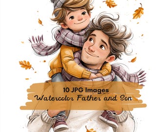 10 JPG Father and Son Autumn Clipart Bundle, Dad and Boy Fall Watercolor, Autumn Family Clipart, Fall Outdoor Activities clipart