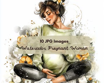 10 JPG Watercolor Cute Pregnant Woman Clipart, Floral Pregnancy Clipart, Future Mom, Expecting Mother, Instant Digital Download