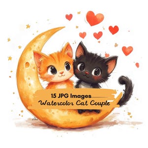 15 JPG Uroczy Kolor Romantyczna Para Kotów ClipArt Walentynki Wydrukowane Ilustracje Uroczy Kotek Cyfrowe Pobieranie Styl Akwarela