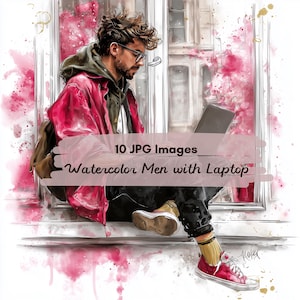 10 JPG Watercolor Man Developer Clipart, Watercolor Stylish Man with Laptop, Tech Man Digital art, junk journal, Freelancer Working Art