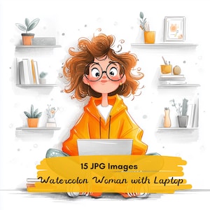 May include: A watercolour illustration of a woman with curly brown hair wearing a yellow hoodie and glasses, sitting with a laptop. The image includes text that reads "15 JPG Images" and "Watercolor Woman with Laptop."
