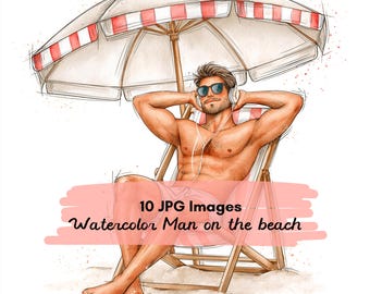 10 JPG Beach Man Watercolor Clipart Bundle, Summer Vacation Man Clipart, Beach Activities, Surfing Clipart, Beach Chair, SUP Paddle Board