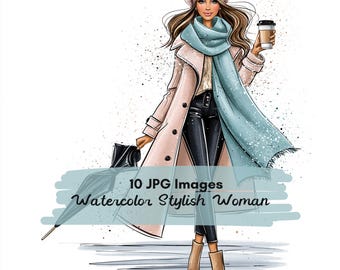 10 JPG Autumn Woman Clipart Bundle, Fall Fashion Girl Watercolor, Stylish Woman with Coffee, Dog, Bicycle and Umbrella, Cozy Fall Clipart