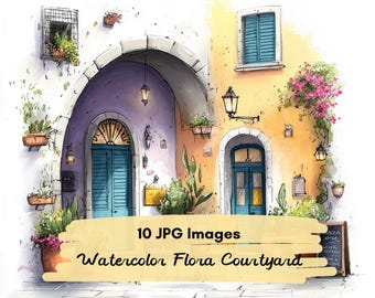 15 JPG Italian Courtyard Watercolor Clipart Bundle, Mediterranean Scenes, Rustic European Courtyard Illustrations, Travel Architecture Set