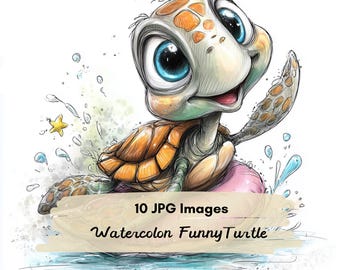 10 JPG Cute Turtle Clipart, Watercolor Sea Turtle art, Summer Ocean Animal, Baby Turtle Illustration, Beach Clipart, Kids Nursery Art