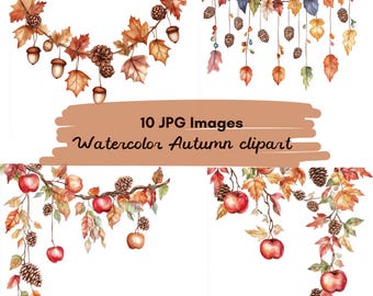 10 JPG Watercolor Autumn Clipart Set, Fall Garland clipart, Leaves Acorns Apples Pinecones Illustration, Fall clipart, Digital Download