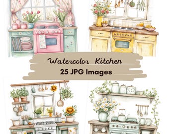 May include: Four watercolour illustrations of kitchens with different colour schemes and details. Each kitchen features a stove, cabinets, and windows. The kitchens are decorated with flowers, plants, and kitchen utensils.