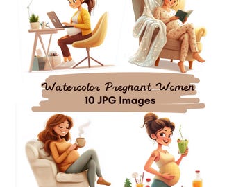 10 JPG Cute Pregnant Woman Clipart, Funny Pregnancy Clipart, Watercolor Women, Future Mom, Expecting Mother, Instant Digital Download