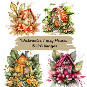 15 JPG Watercolor Whimsical Fairytale Elf Houses Set, Home Clipart, Printable Watercolor clipart illustration Digital Download Junk Journals