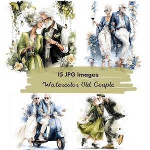 Puede incluir: Ilustraciones en acuarela de una pareja de ancianos en varias poses románticas. Las imágenes muestran a la pareja con ropa elegante, sosteniendo copas de vino y en un scooter. El texto en la imagen dice "15 JPG Images Watercolor Old Couple."