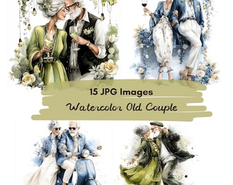 15 JPG Watercolor Stylish Old couple Clipart, Elegant Grandparents Printable Image, Elderly couple Digital art, wedding anniversary clipart