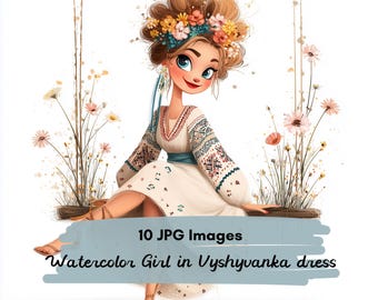 10 JPG Slavic Girl Watercolor Clipart, Cute Girl in Vyshyvanka, Floral Crown Illustration, Folk Art, Boho Princess Clipart, Spring Meadow