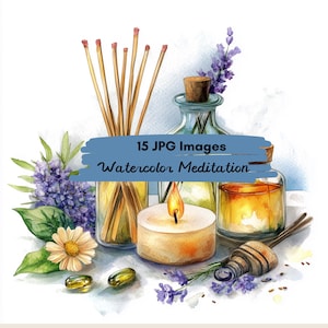 Könnte beinhalten: Aquarell-Illustration einer Meditationsszene mit Lavendel, Kerzen, ätherischen Ölen und Räucherstäbchen. Der Text "15 JPG Images Watercolor Meditation" ist auf einem blauen Banner geschrieben.