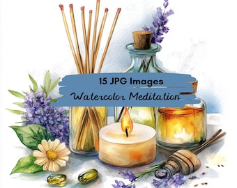 15 JPG Aquarell Meditation Peace Clipart, Wasserfarbe, Yoga Clipart, Kerzen, Zen Stein, Instant Download