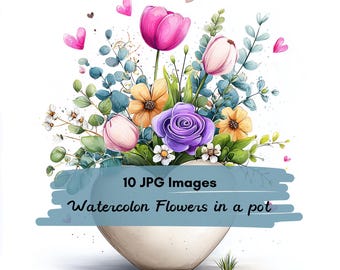 10 JPG Watercolor Flowers in Heart Pot Clipart Bundle, Floral Succulent Arrangement, Ceramic Heart Planter, Cute Boho Plant Illustration