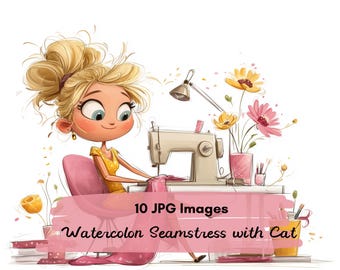 10 JPG Fashion Seamstress with Cat Clipart, Stylish Woman Sewing Machine, Watercolor Sewing Girl Illustration, Tailor Art, Fashion Designer