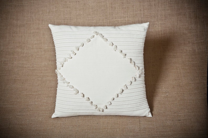 Rhombus White Handwoven cushion cover 100% cotton image 1