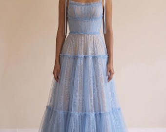 Blue Tulle Tiered Evening Gown with Ribbon Straps