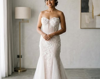 Strapless Beaded Lace Mermaid Wedding Dress | Sweetheart Corset Bridal Gown  With Floral Appliqu & Tulle Skirt | Boho Romantic Wedding Gown - Etsy