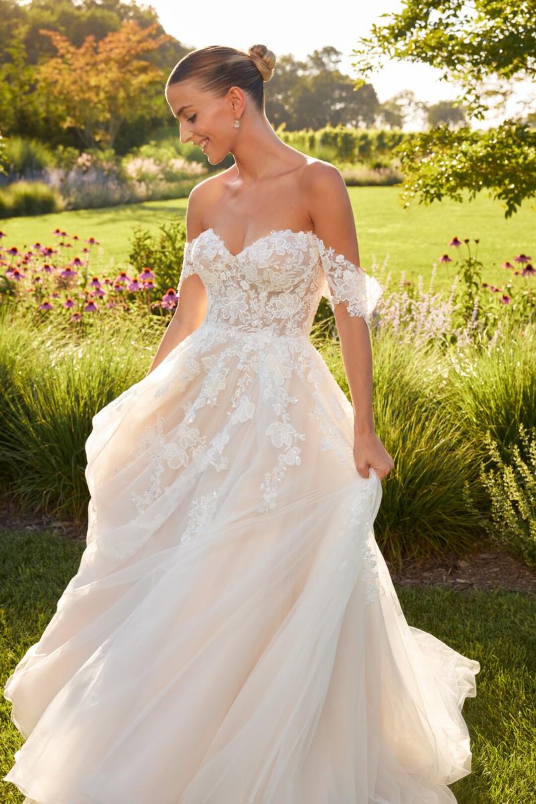 Lace Appliques Bodice A-Line Gown with Flowy Skirt Peach