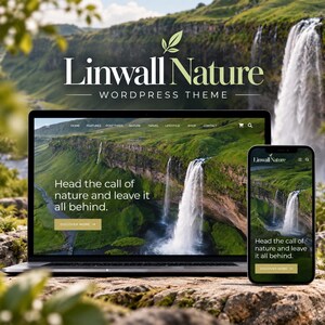 以下が含まれることがあります： Linwall Nature WordPressテーマを表示するノートパソコンとスマートフォン。画面には滝のある風景、"Head the call of nature and leave it all behind"というテキスト、そして両方のデバイスに"DISCOVER MORE"ボタンが表示されています。