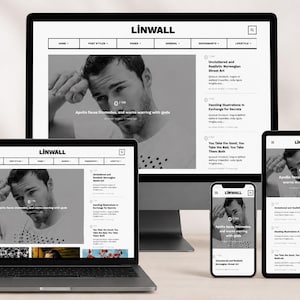 Könnte beinhalten: Ein Laptop, ein Desktop-Computer, ein Tablet und ein Smartphone zeigen die Website "Linwall". Die Seite zeigt Artikel mit einem Schwarz-Weiß-Bild eines Mannes. Eine Tasse und eine Pflanze befinden sich im Vordergrund.