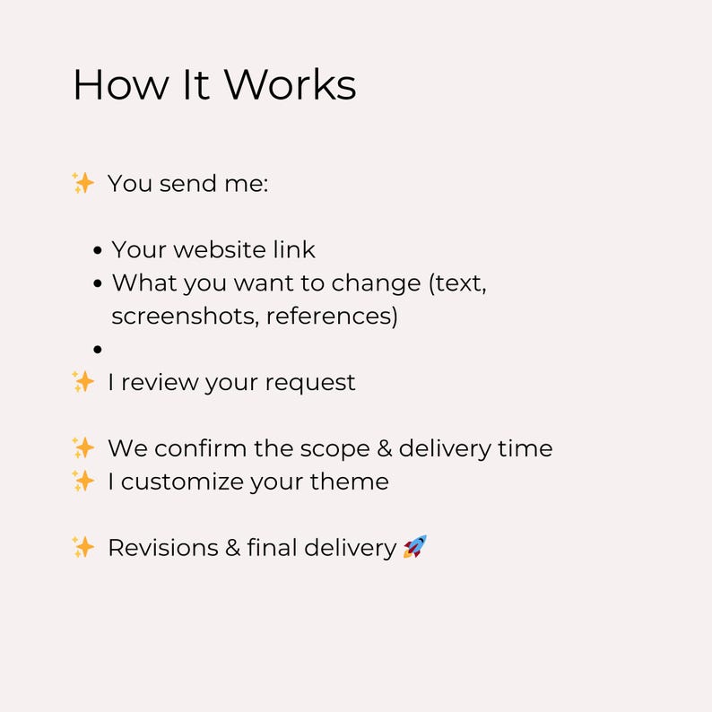 May include: A cream-colored graphic with the title "How It Works" and a list of steps: "You send me", "I review your request", "We confirm the scope & delivery time", "I customize your theme", and "Revisions & final delivery".