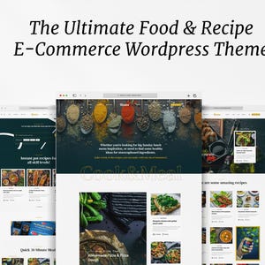 May include: A website screenshot showing a WordPress theme for food and recipe websites. The theme features a clean and modern design with a focus on showcasing recipes and food photography. The website includes sections for instant pot recipes, quick 30-minute meals, and homemade pizza.