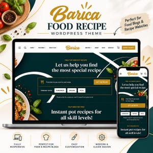 Peut inclure: Un affichage numérique du thème WordPress de recettes de cuisine Barica sur un ordinateur portable et un smartphone. L'interface présente un fond vert foncé avec du texte blanc, une barre de recherche et des sections pour les recettes.
