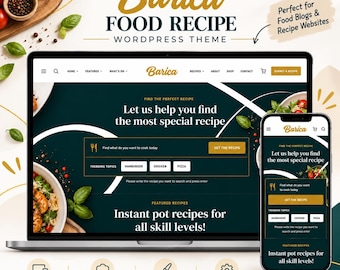 Puede incluir: Una visualización digital del tema de WordPress para recetas de cocina Barica en una computadora portátil y un teléfono inteligente. La interfaz presenta un fondo verde oscuro con texto blanco, una barra de búsqueda y secciones de recetas.