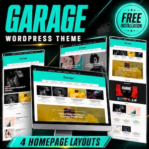 Pode incluir: Uma exibição digital do tema WordPress Garage apresentando quatro layouts de página inicial distintos. A interface usa um esquema de cores azul-petróleo e branco com o texto Garage WordPress Theme e Free Installation no topo.