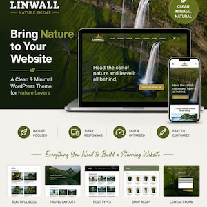 Puede incluir: Anuncio de un tema de sitio web con el texto "Trae la naturaleza a tu sitio web". La imagen presenta una computadora portátil y un teléfono inteligente que muestran un diseño de sitio web con temática de naturaleza. Se destacan características como "Nature Focused".