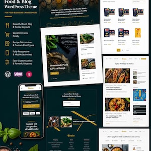 May include: A website design for a food blog, featuring a dark teal and gold color scheme. The design includes recipe layouts, WooCommerce integration, and mobile optimization. A smartphone displays the website's mobile version.