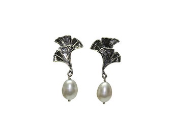 Ginkgo Post Earrings with a Pearl Drop