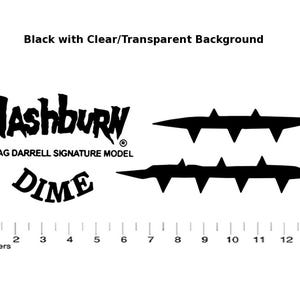 Può includere: Grafica in bianco e nero con il testo "Washburn" e "Dime" con un logo di modello di firma. Il design include anche due file di filo spinato nero.