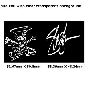 May include: Black and white sticker featuring a skull with a top hat and crossed bones, with the text "R.I.P.R." underneath. The sticker also includes a signature that says "Slash". The sticker measures 51.67 mm x 50.8 mm and 53.39 mm x 48.16 mm.