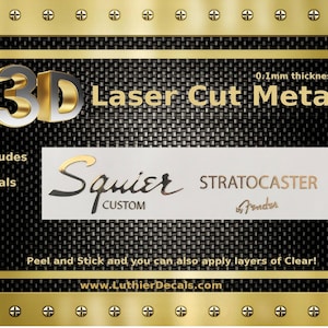 May include: 3D laser cut metal decal for a Squier Custom Stratocaster guitar. The decal is 0.1 mm thick and includes two decals. The decal features the Squier Custom logo and the words "Stratocaster by Fender".
