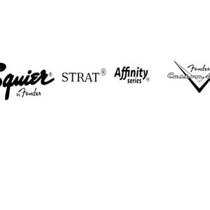 May include: Black and white logo for Squier Strat guitars, featuring the text "Squier" in a stylized script font, "STRAT" in a sans-serif font, and the text "in Fender" below. The logo also includes the text "Affinity series" and a Fender Custom Shop logo.
