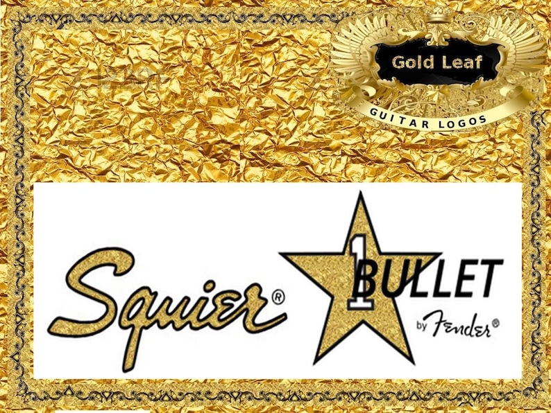 Op de afbeelding: Een gouden ster met het nummer "1" in het midden en de tekst "BULLET by Fender" eronder. De tekst "Squier" is geschreven in een gestileerd lettertype onder de ster.