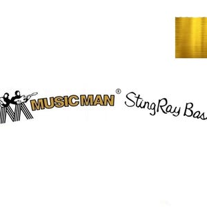 Könnte beinhalten: Ein goldenes Logo mit dem Text "MUSIC MAN" und "StingRay Bass" auf weißem Hintergrund.
